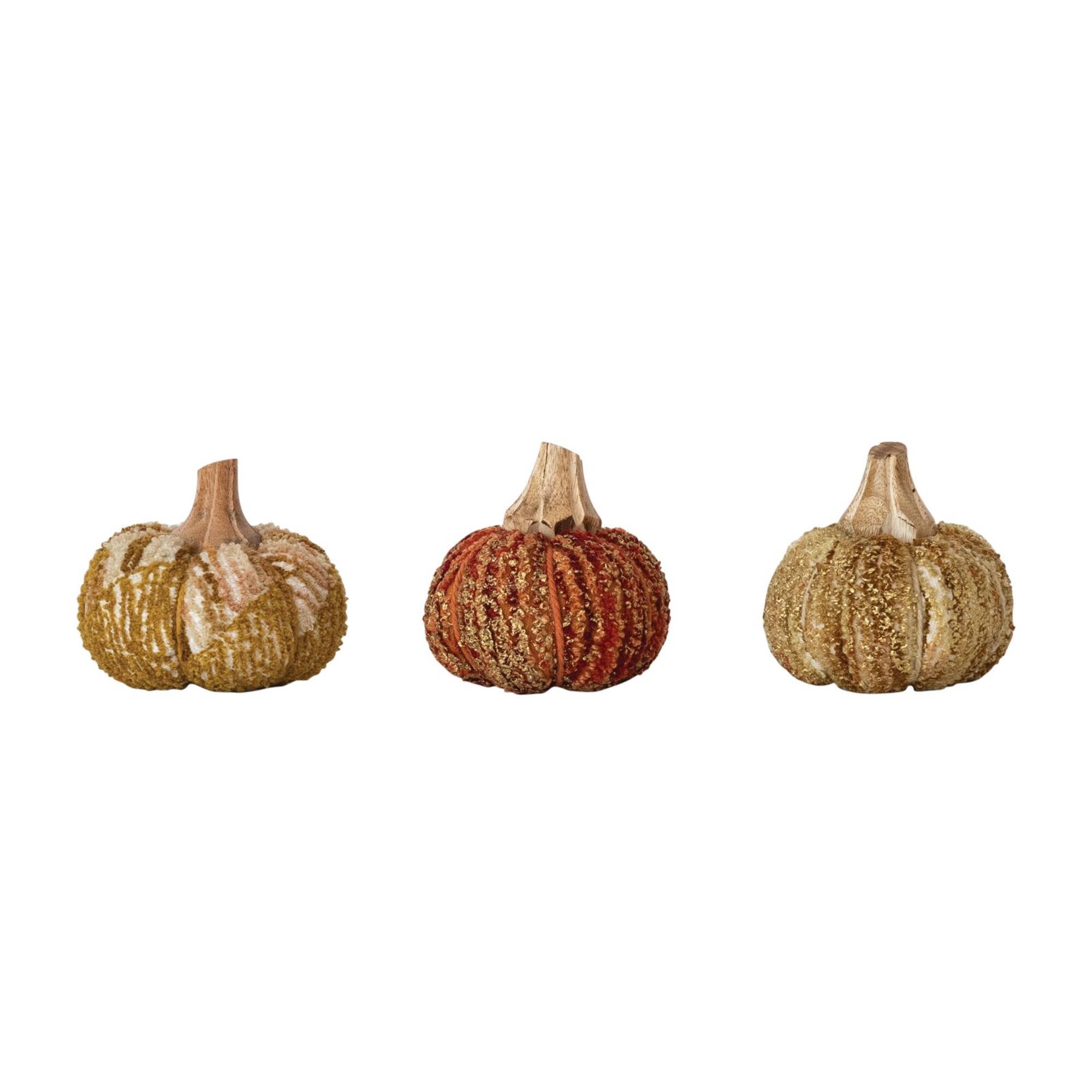 Hello Honey® Small Cotton and Fabric Chenille Pumpkin, Multicolor 3 Piece